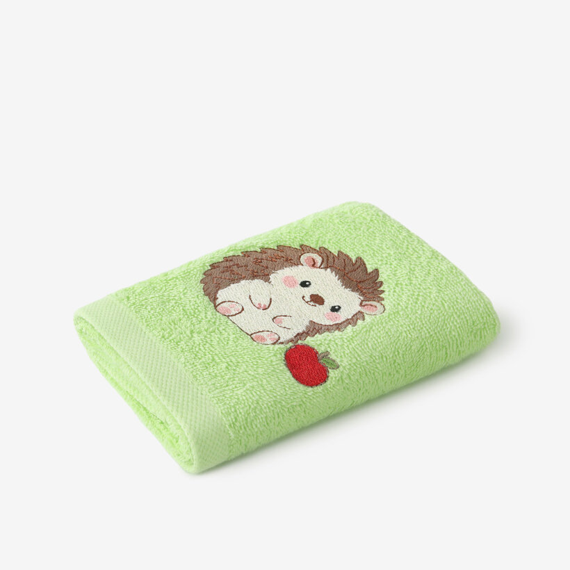 Kinder-Frottierhandtuch - Igel mit Apfel auf Grün