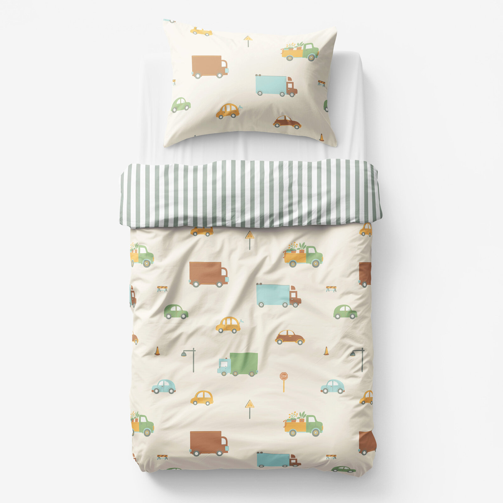 Kinder-Bettwäsche aus Baumwolle - Welt der Autos mit salbeigrüne Streifen