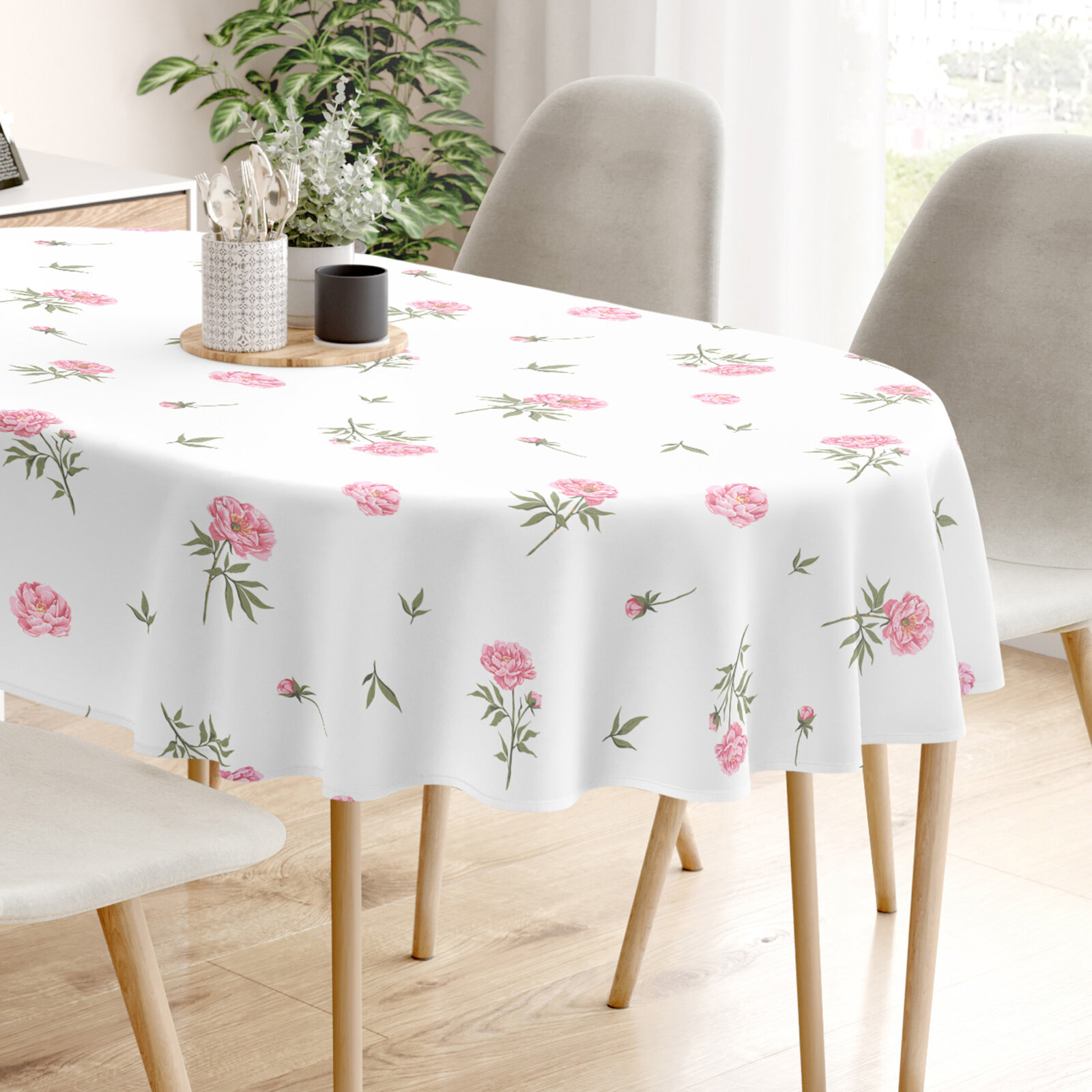 Ovale Tischdecke aus 100% Baumwolle - Pfingstrosen