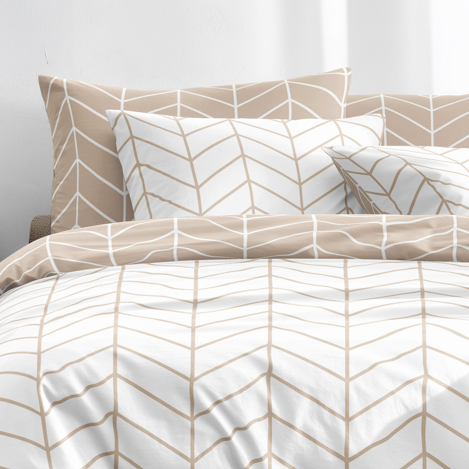 Bettwäsche aus Baumwolle - Weißes und beiges Zickzack