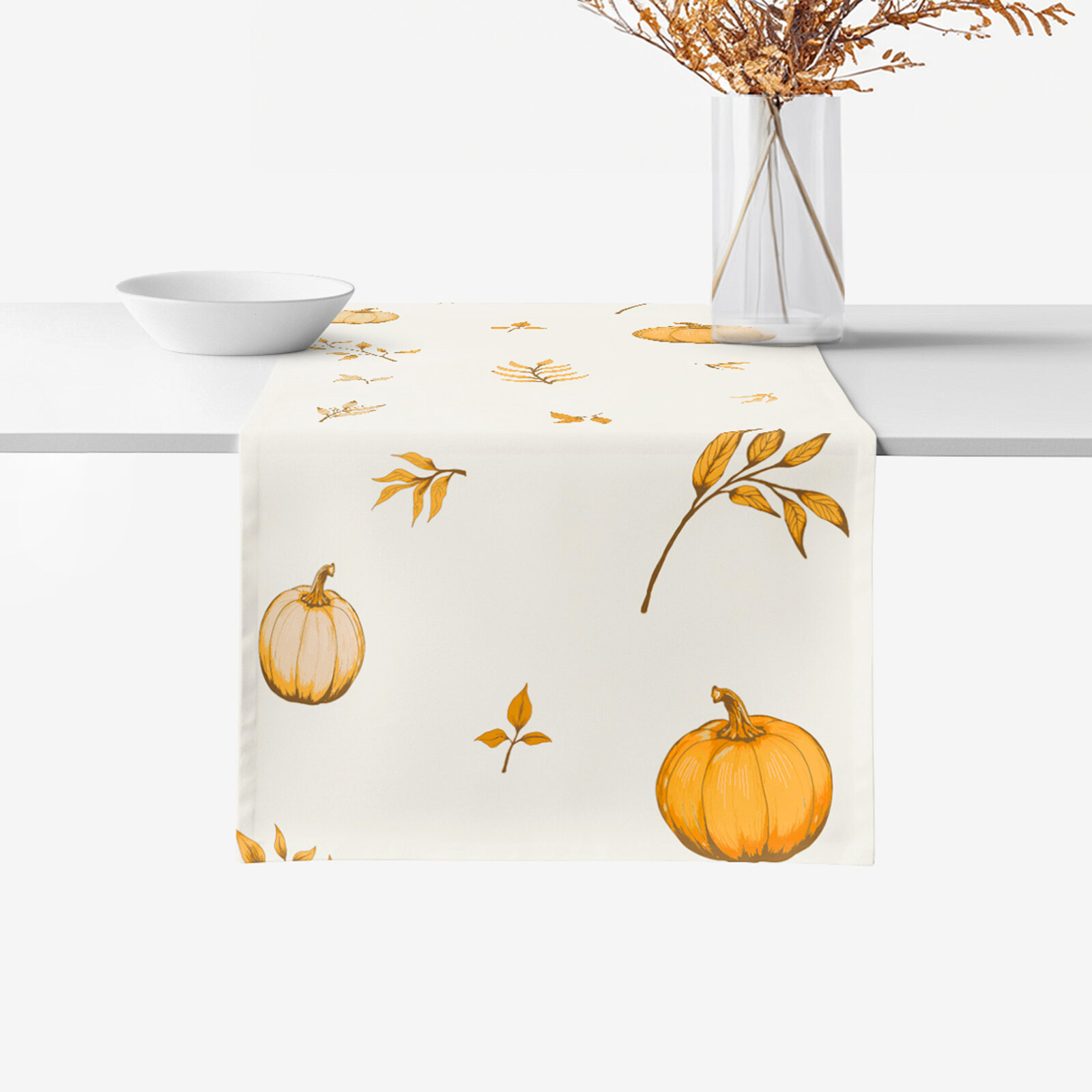 Tischläufer aus 100% Baumwolle - Herbstkürbisse und Blätter