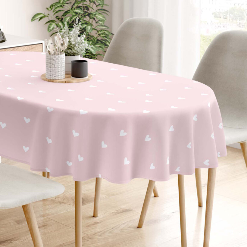 Ovale Tischdecke aus 100% Baumwolle - Herzchen auf Puderrosa