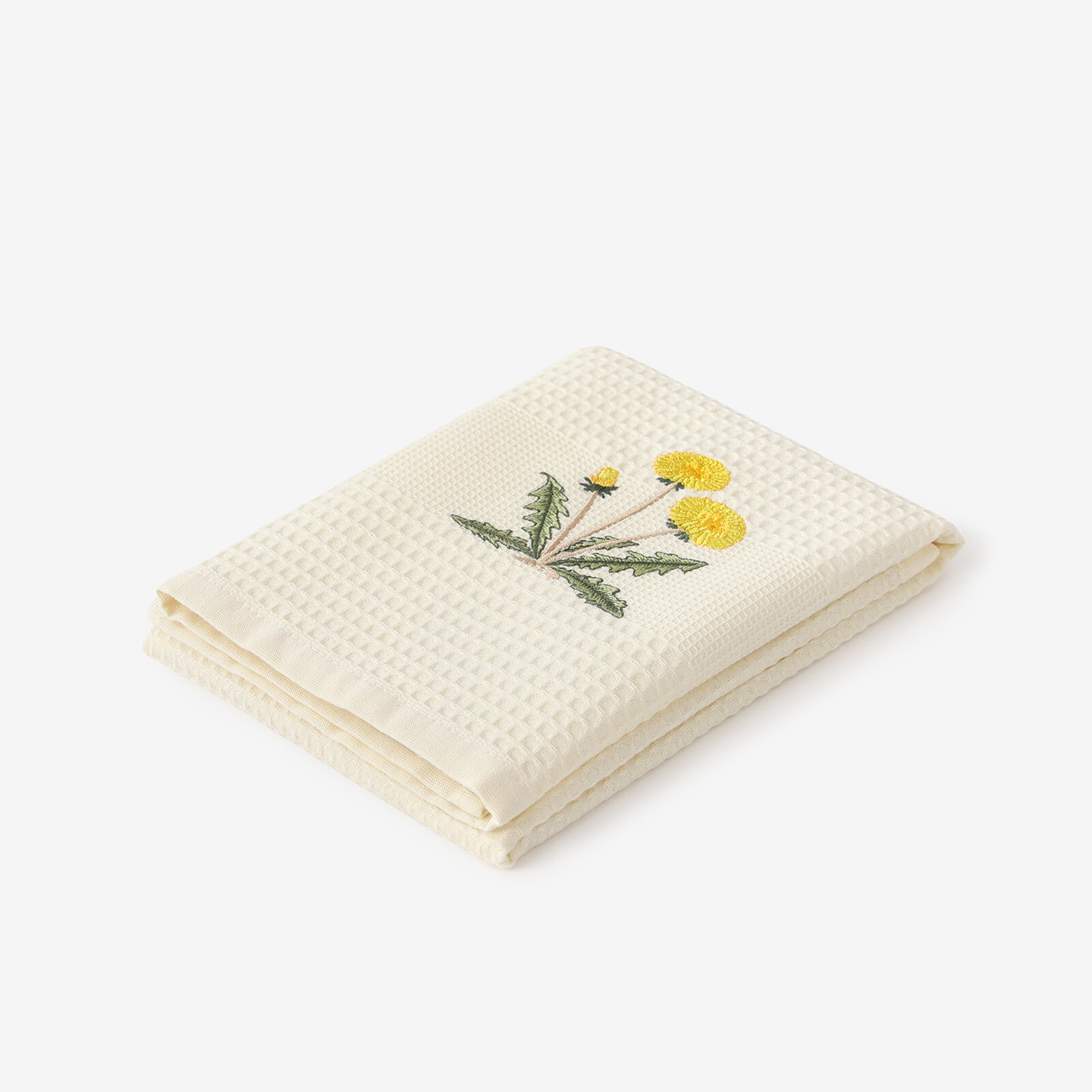 Waffel-Geschirrtuch mit Stickerei - Löwenzahn auf Creme