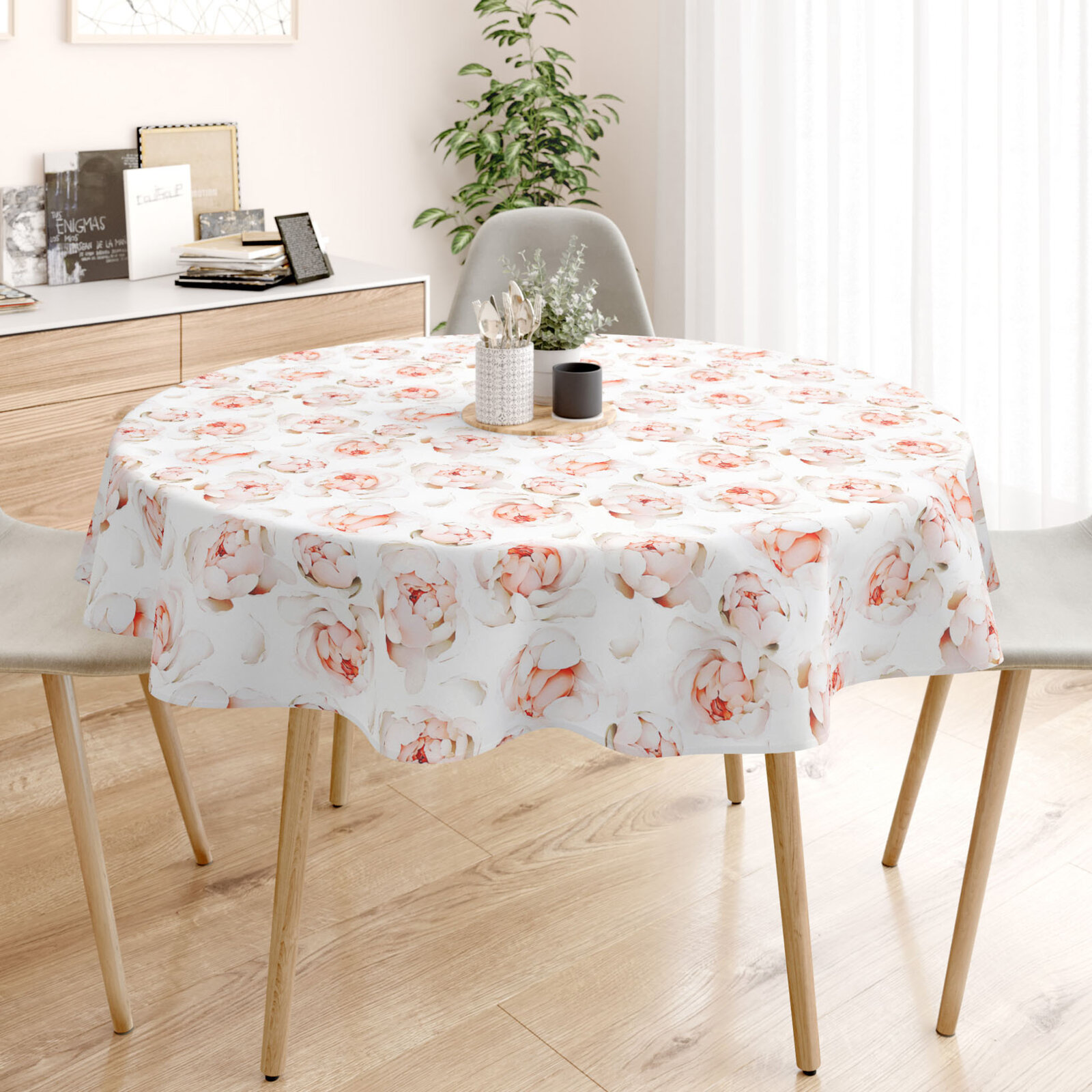 Runde Tischdecke 100% Baumwolle Deluxe - Duft von Pfingstrosen