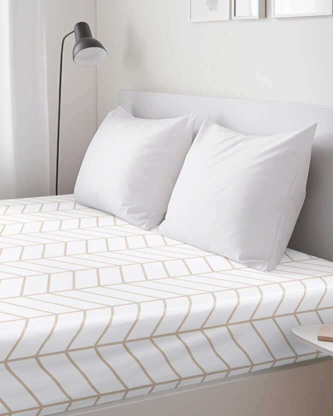 Spannbettlaken aus Baumwolle - Beiger Zickzack auf Weiß