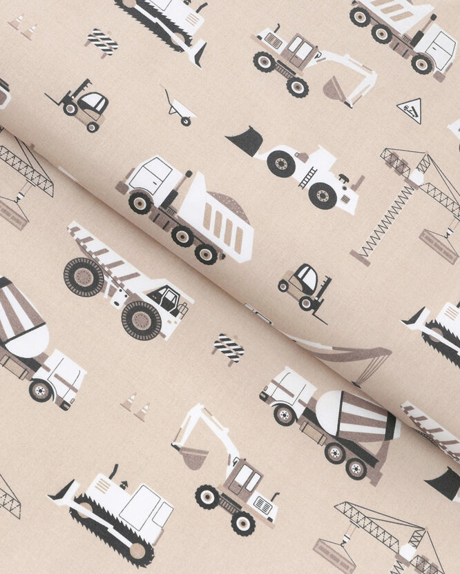 Baumwollstoff - Lastwagen und Bagger auf Beige