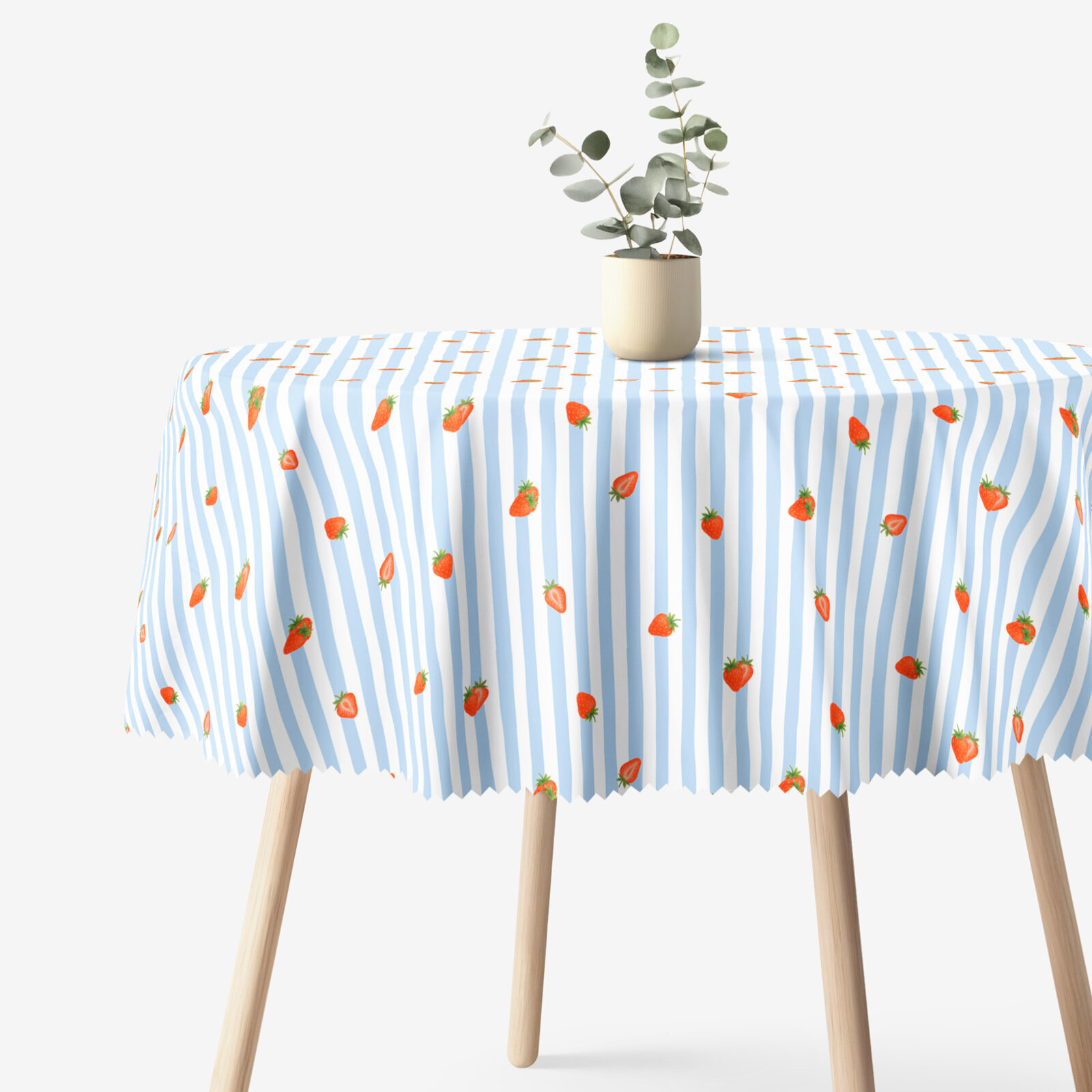 Runde Tischdecke Teflon - blaue Streifen und Erdbeeren