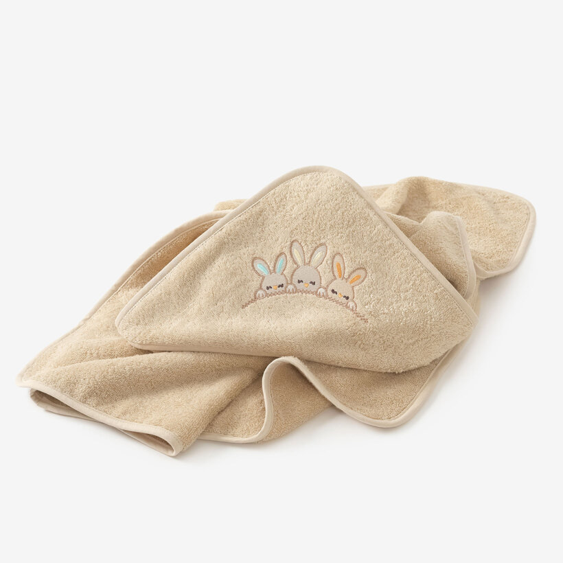 Frottee Babybadetuch mit Kapuze - Häschen auf Beige
