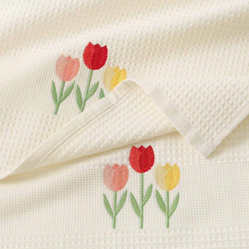 Waffel-Geschirrtuch mit Stickerei - Tulpen auf Creme