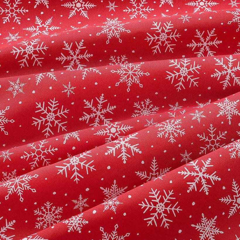 Dekorativer Stoff Valencia - Weihnachtssterne auf rotem Hintergrund