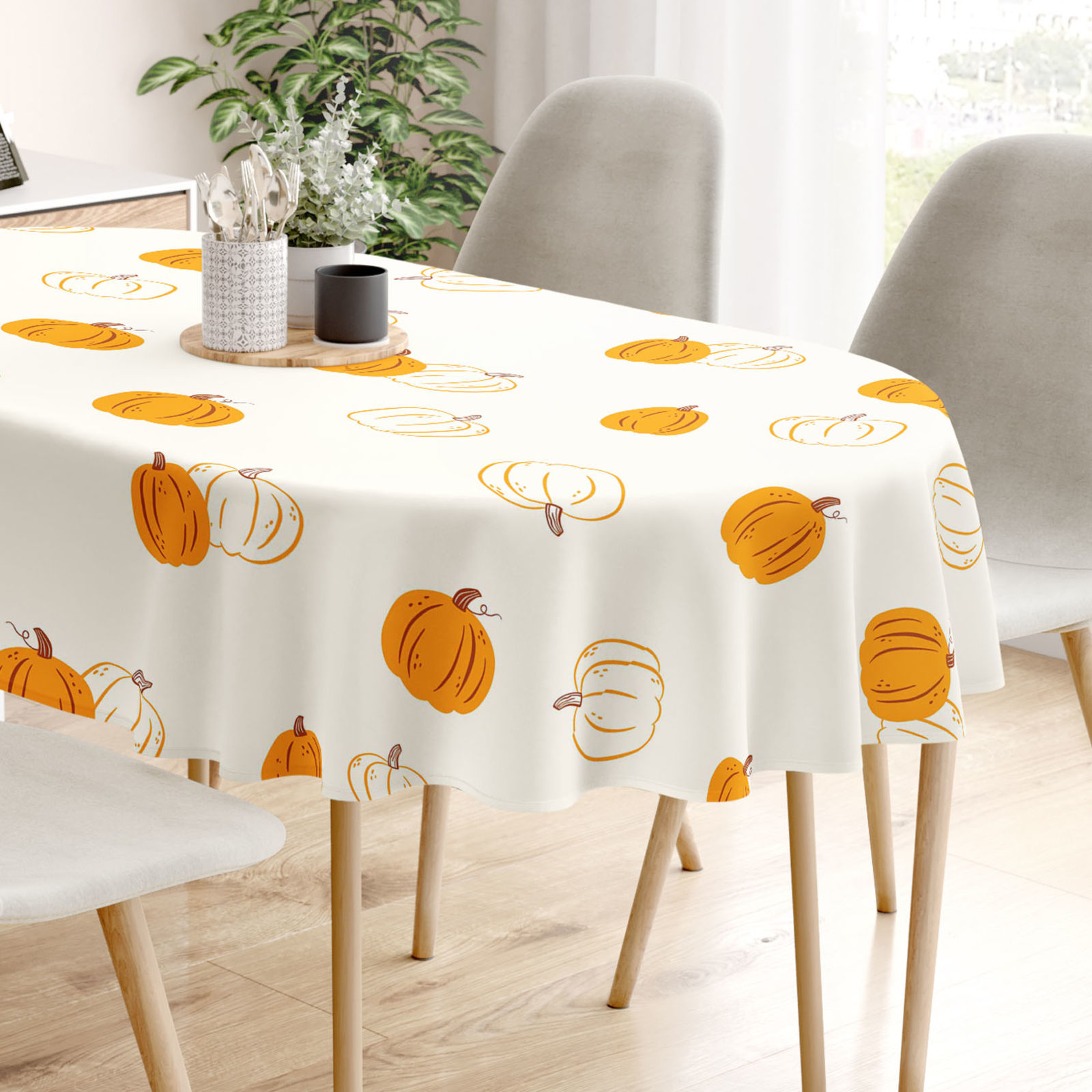 Ovale Tischdecke aus 100% Baumwolle - Herbstkürbis