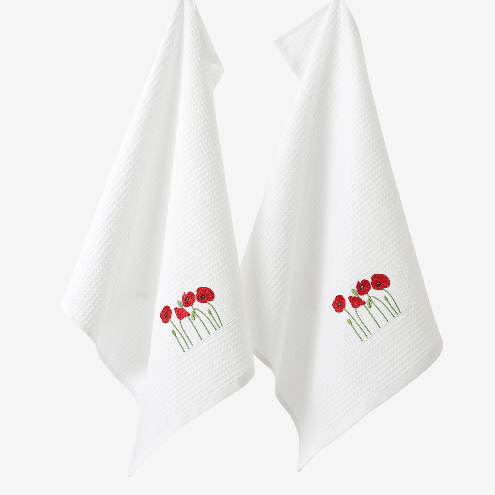 Waffel-Geschirrtuch mit Stickerei - Mohnblumen auf Weiß