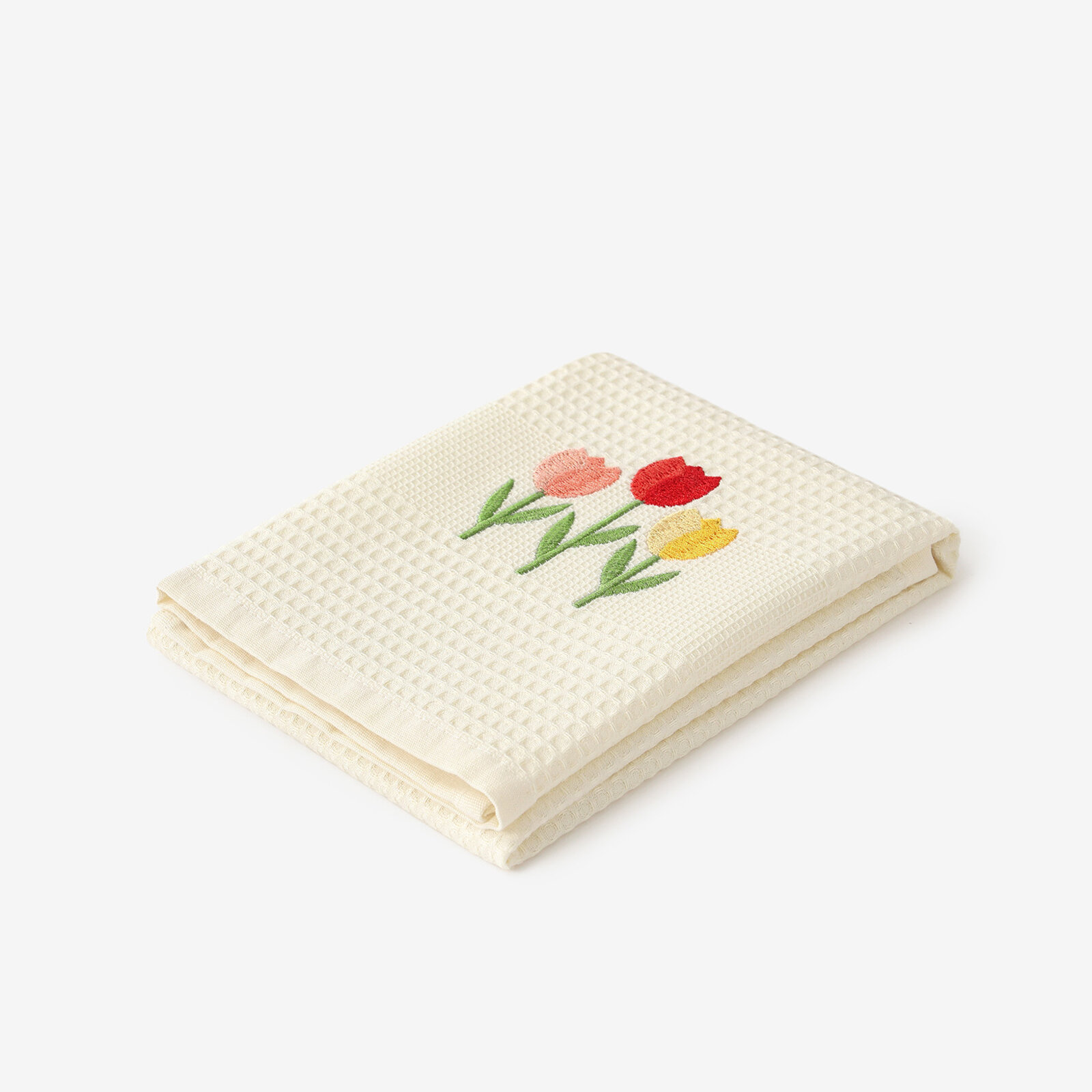 Waffel-Geschirrtuch mit Stickerei - Tulpen auf Creme