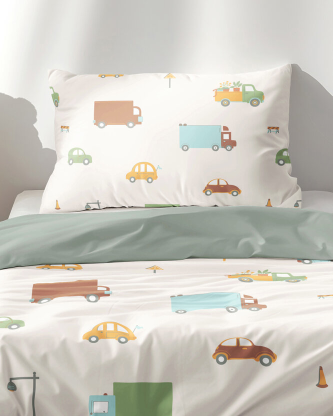 Kinder-Bettwäsche aus Baumwolle Duo - Welt der Autos mit Salbeigrün