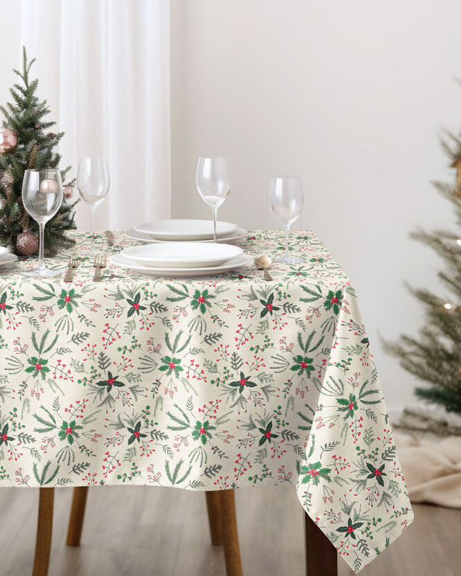 Weihnachtliche eckige Tischdecke Valencia - Zweige auf Naturfarbe