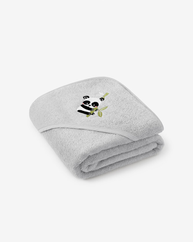 Frottee Babybadetuch mit Kapuze - Panda auf Hellgrau