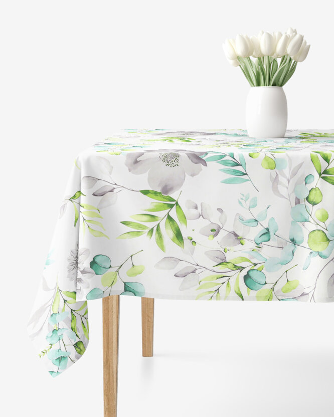 Eckige Tischdecke 100% Baumwolle Deluxe - Eukalyptus mit Blumen