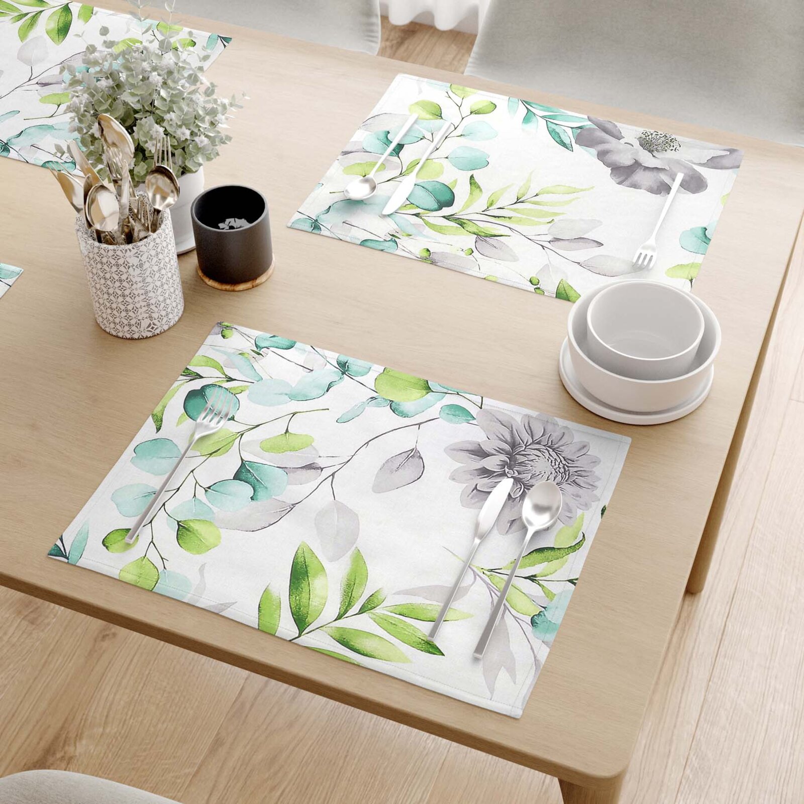 Tischset 100% Baumwolle Deluxe - Eukalyptus mit Blumen - 2 Stück