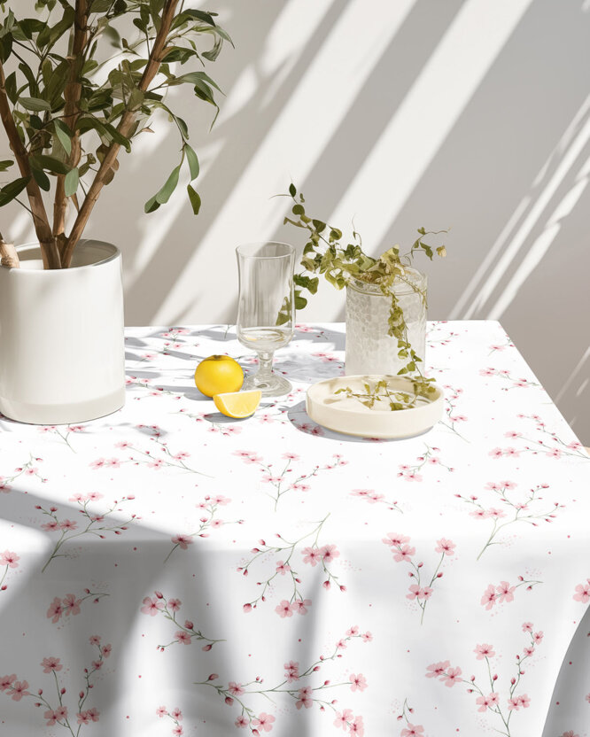 Eckige Tischdecke 100% Baumwolle - Blühende Sakura-Kirschbäume