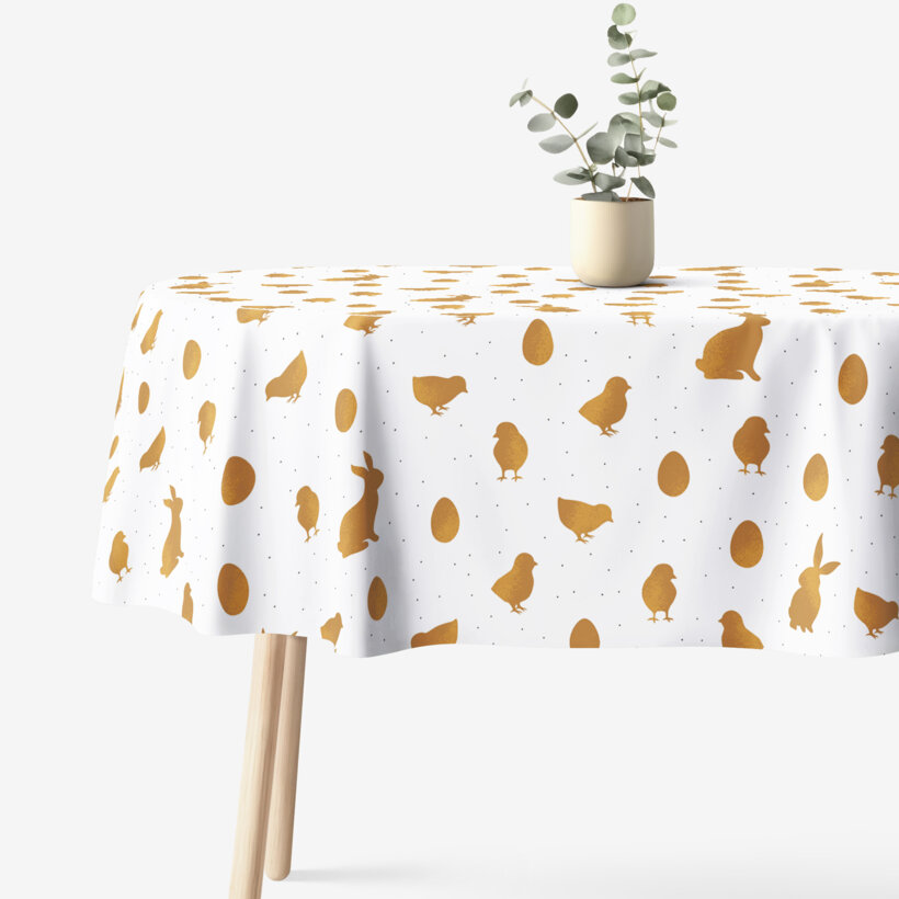 Ovale Tischdecke Ostern aus fester Baumwolle - goldene Ostersymbole