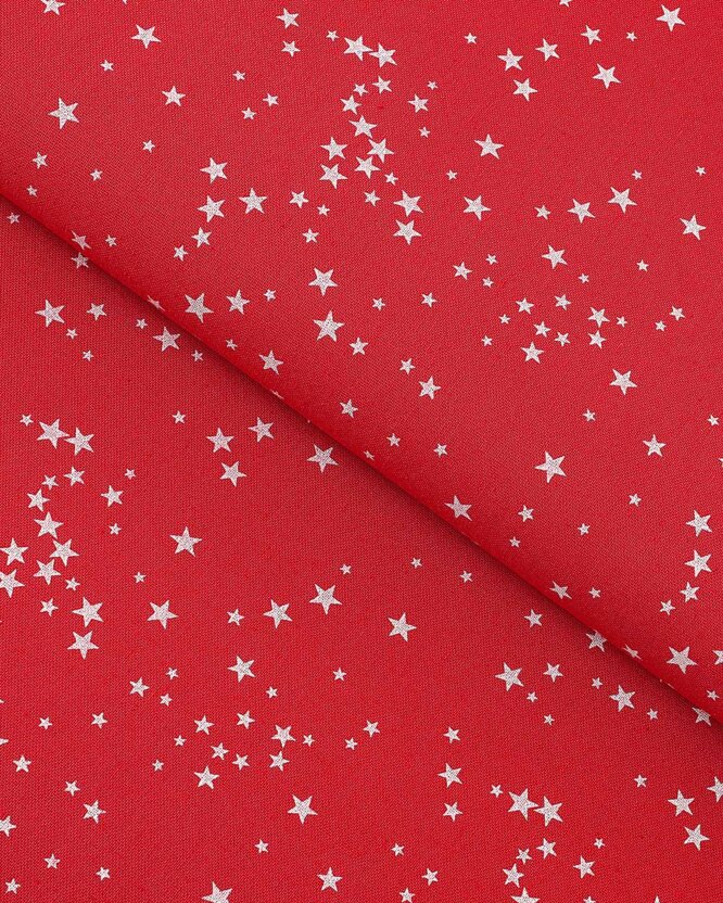 Dekorativer Stoff Valencia - Weihnachtssterne auf rotem Hintergrund