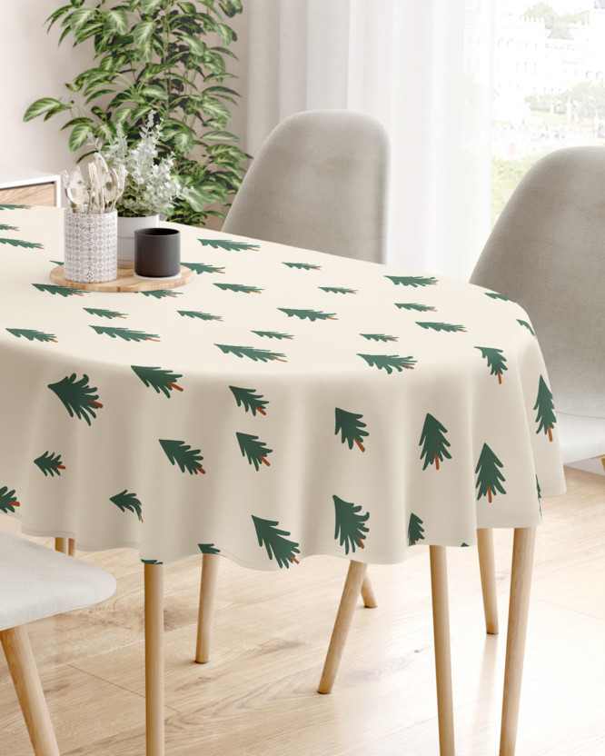 Weihnachtliche ovale Tischdecke aus festem Baumwollköper - Bäumchen auf natur