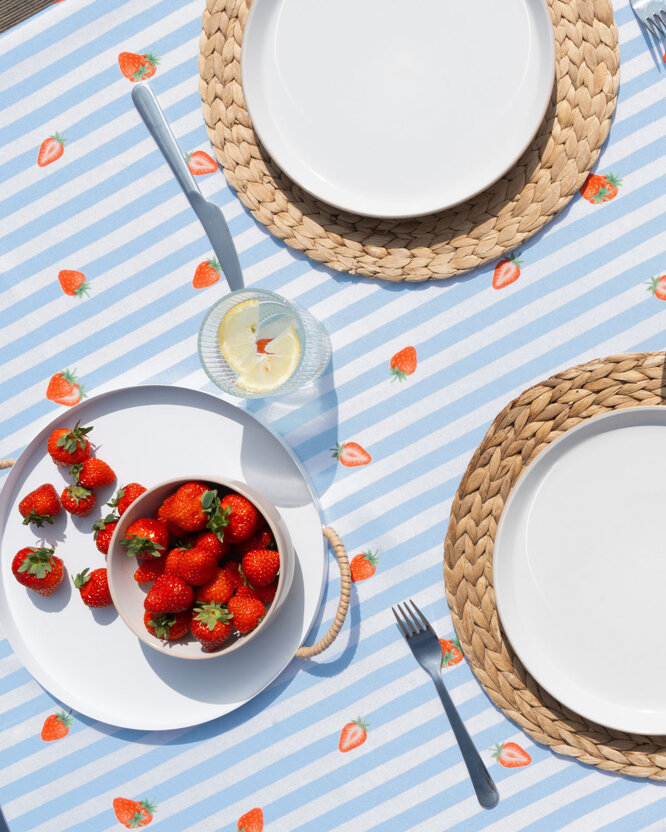 Eckige Tischdecke Teflon - blaue Streifen mit Erdebeeren