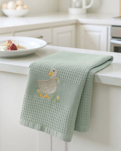Ostern Waffel-Geschirrtuch mit Stickerei - Ente auf Salbeigrün