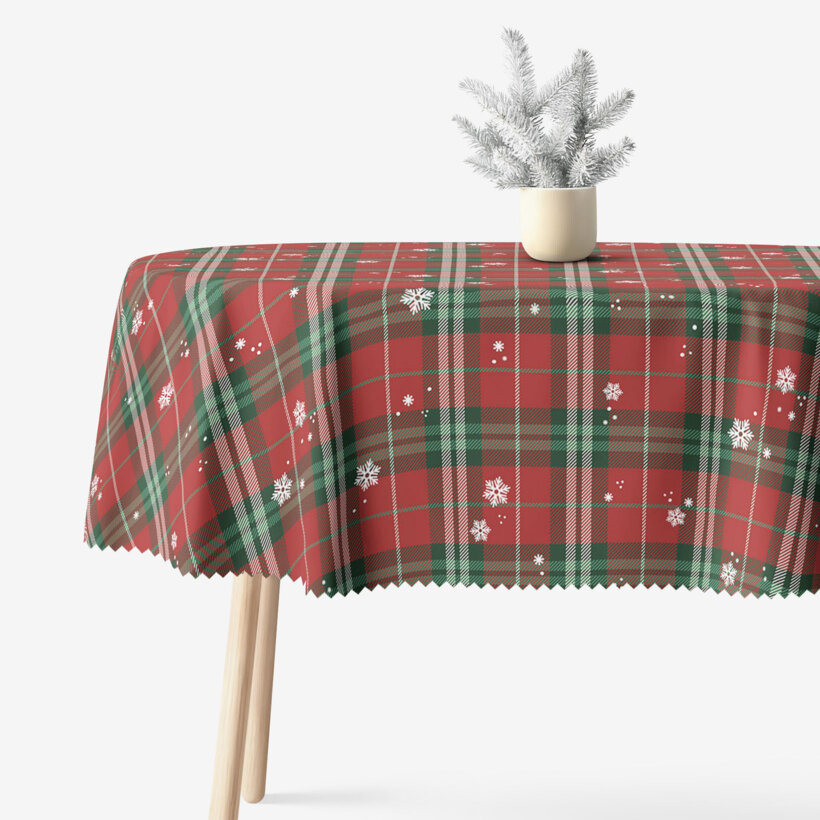 Ovale Weihnachts-Tischdecke Teflon - Rotkariert mit Schneeflocken