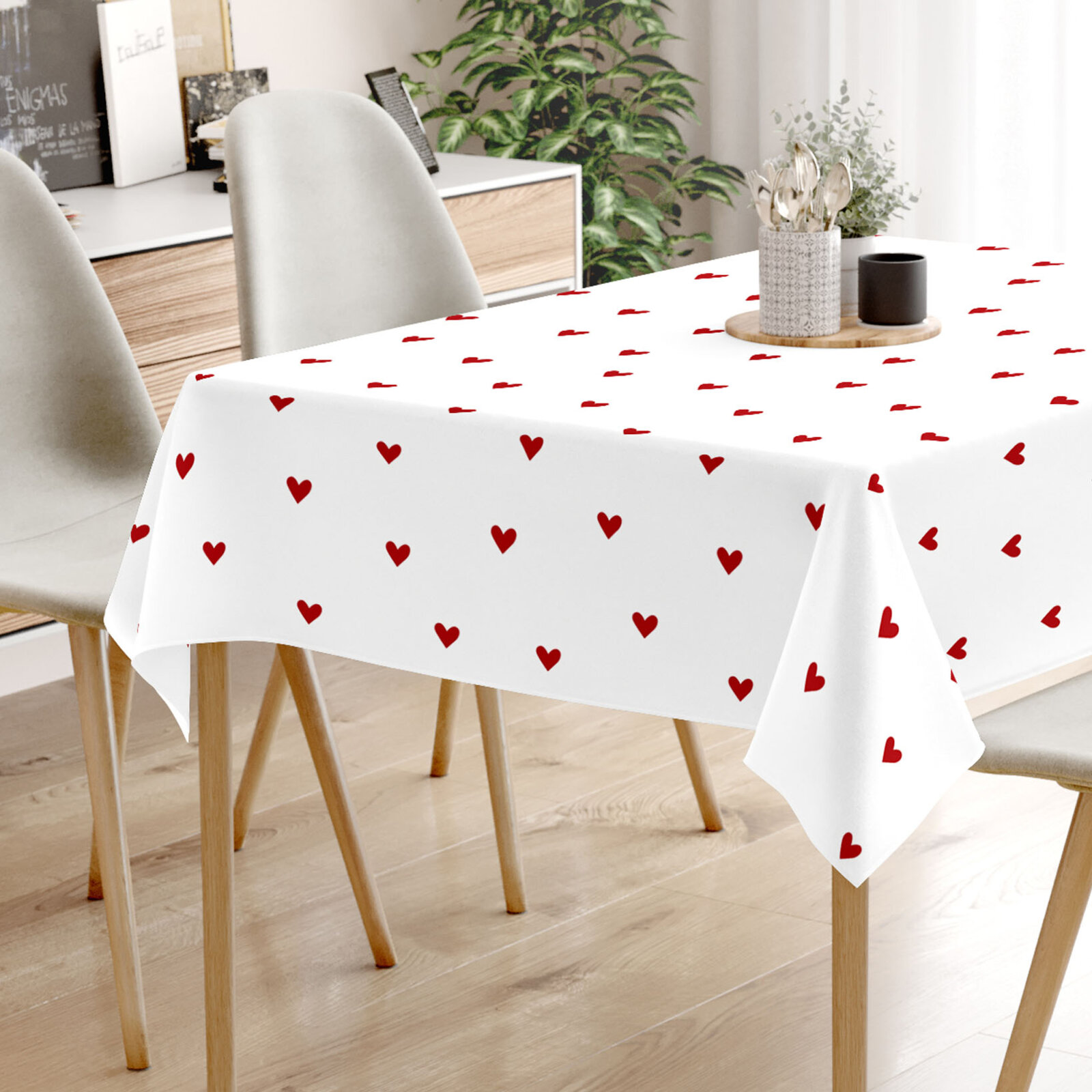 Eckige Tischdecke 100% Baumwolle - Rote Herzchen auf Weiß