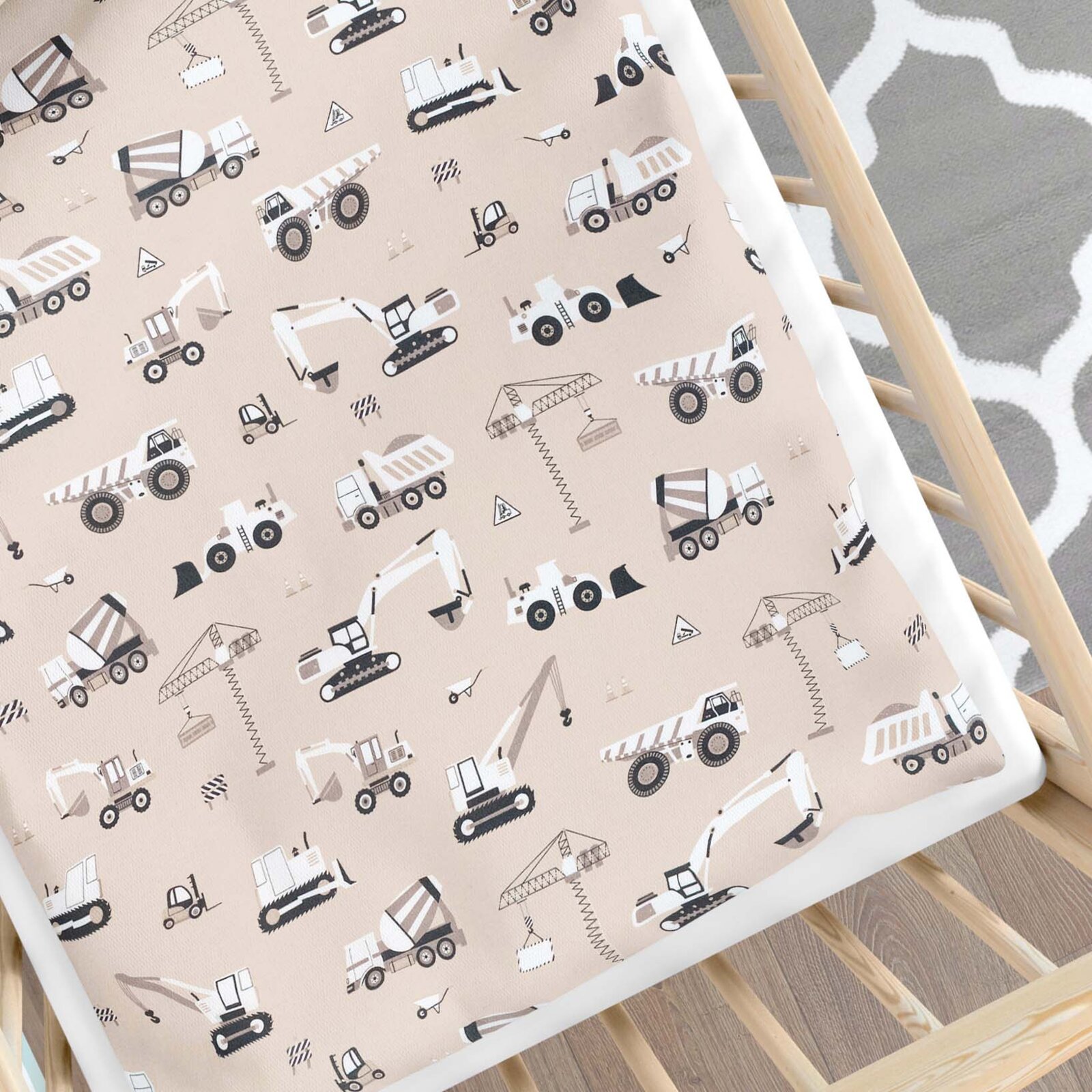 Bettwäsche für Babybetten aus Baumwolle - Lastwagen und Bagger auf Beige