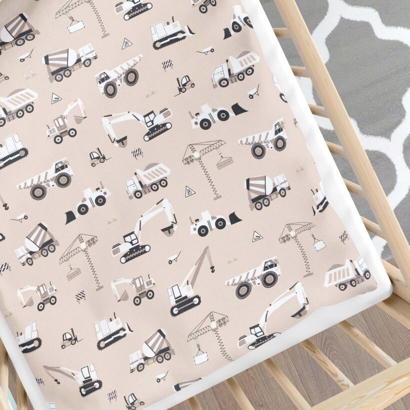 Bettwäsche für Babybetten aus Baumwolle - Lastwagen und Bagger auf Beige