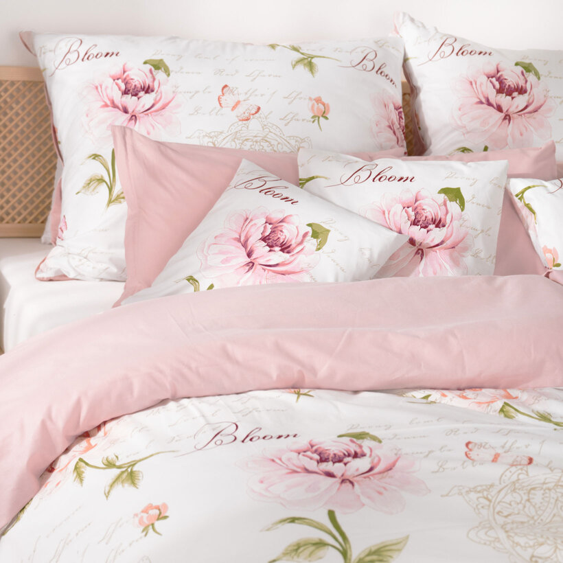 Bettwäsche aus Baumwolle Duo - Pfingstrosen und Schriftzügen mit Puderrosa