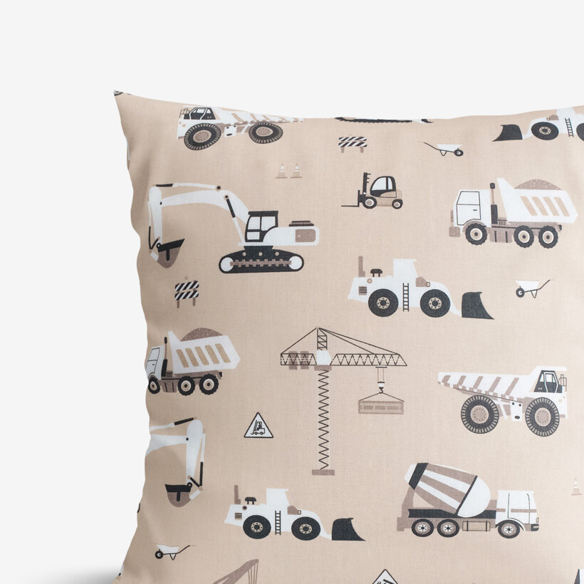Kinder-Kissenbezug aus Baumwolle - Lastwagen und Bagger auf Beige