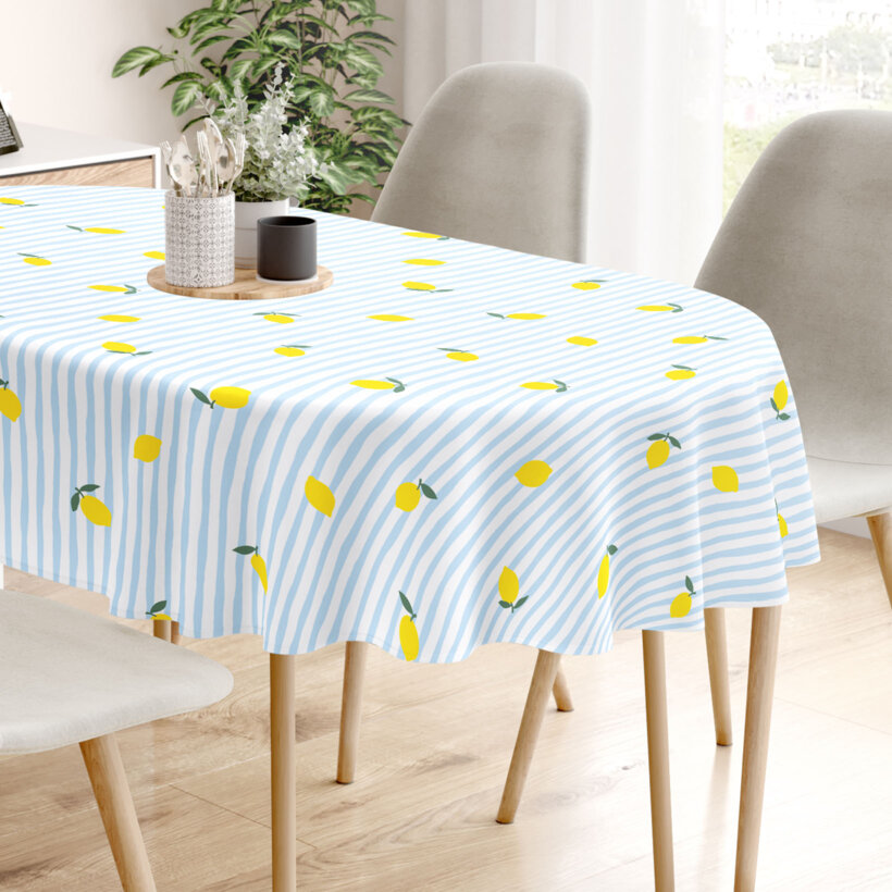 Ovale Tischdecke aus 100% Baumwolle - Frische Zitronen mit Streifen