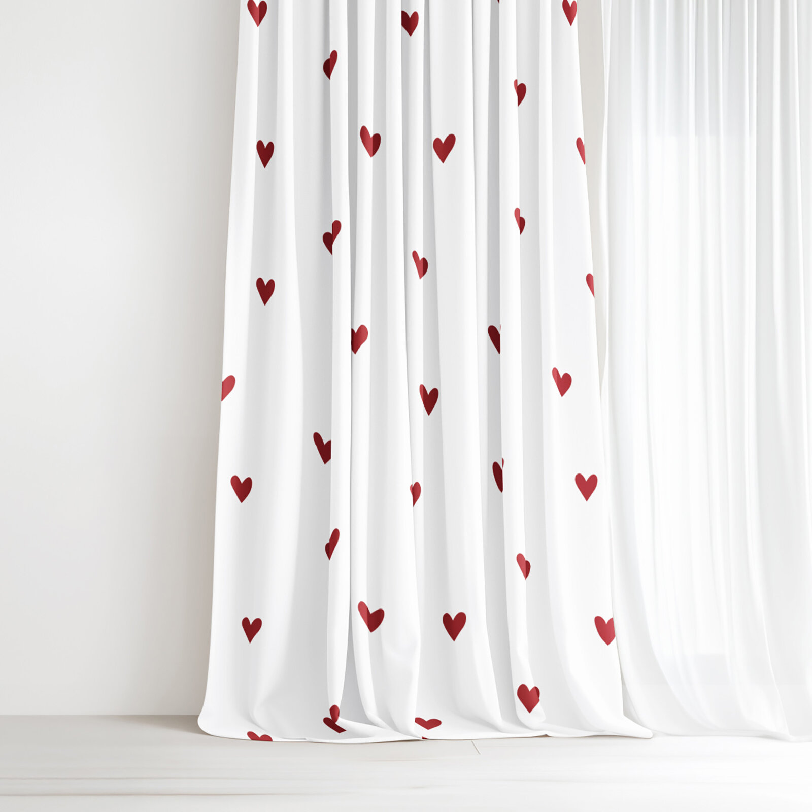 Vorhang aus Baumwolle - Rote Herzchen auf Weiß
