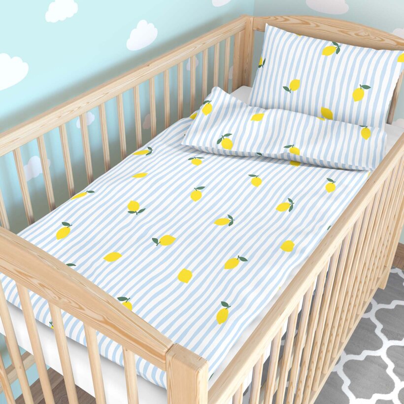 Bettwäsche für Babybetten aus Baumwolle - Frische Zitronen mit Streifen