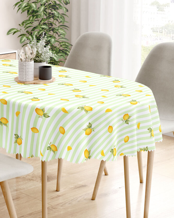 Ovale Tischdecke Teflon - grüne Streifen mit Zitronen