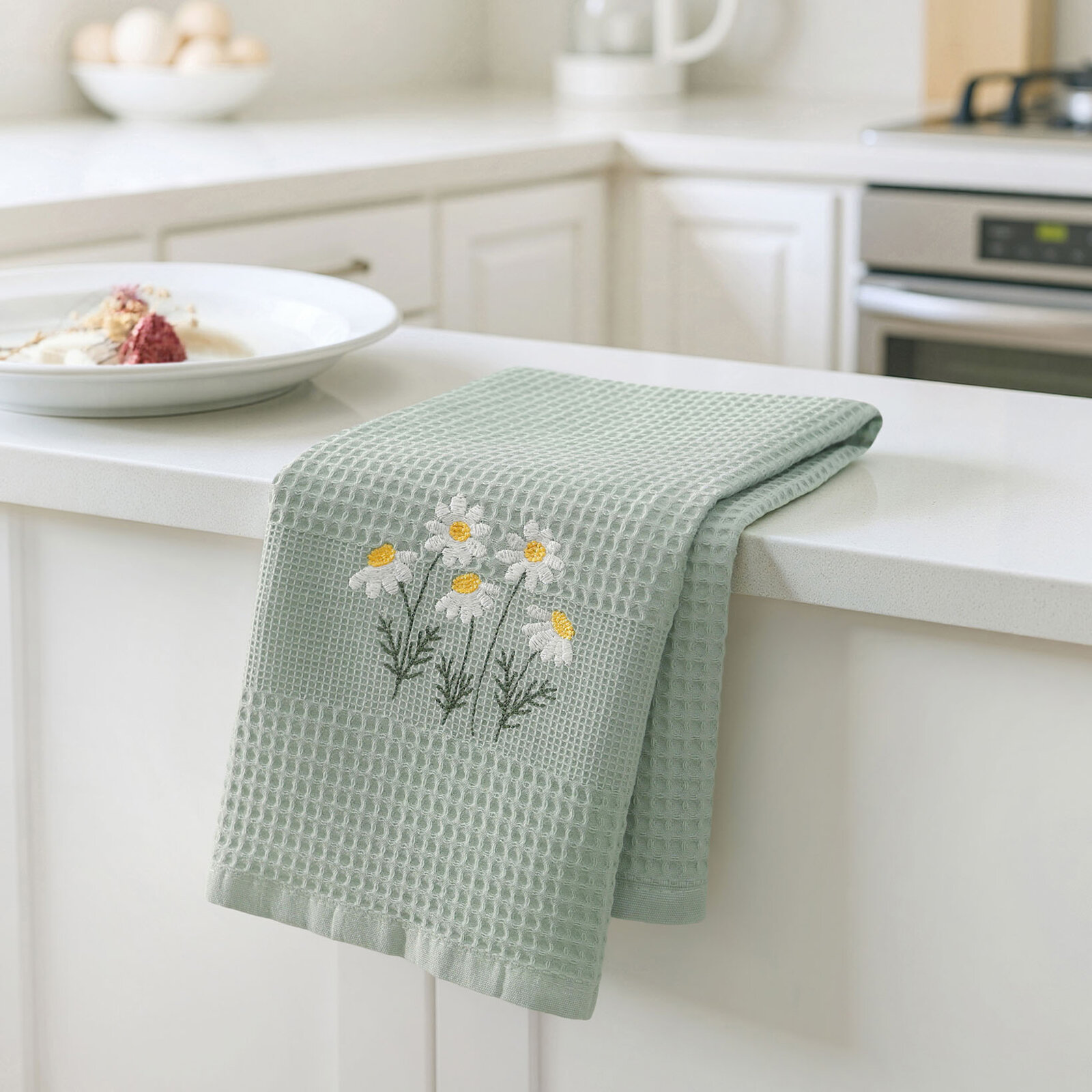 Waffel-Geschirrtuch mit Stickerei - Kamille auf Salbeigrün