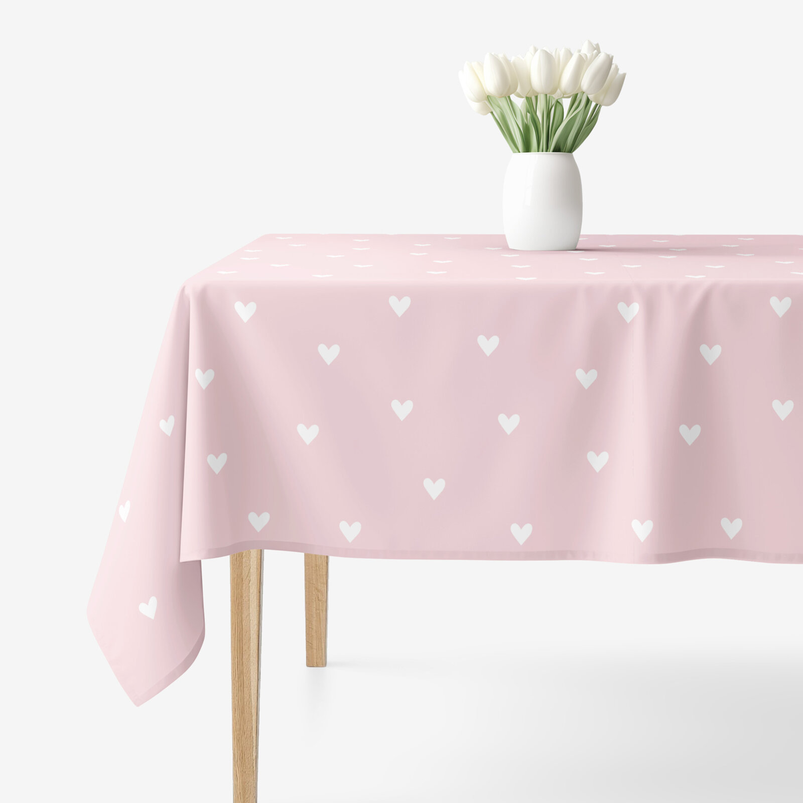 Eckige Tischdecke 100% Baumwolle - Herzchen auf Puderrosa