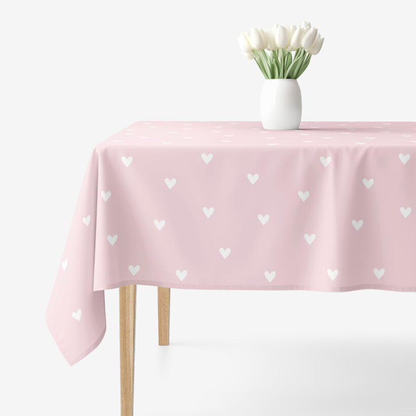 Eckige Tischdecke 100% Baumwolle - Herzchen auf Puderrosa