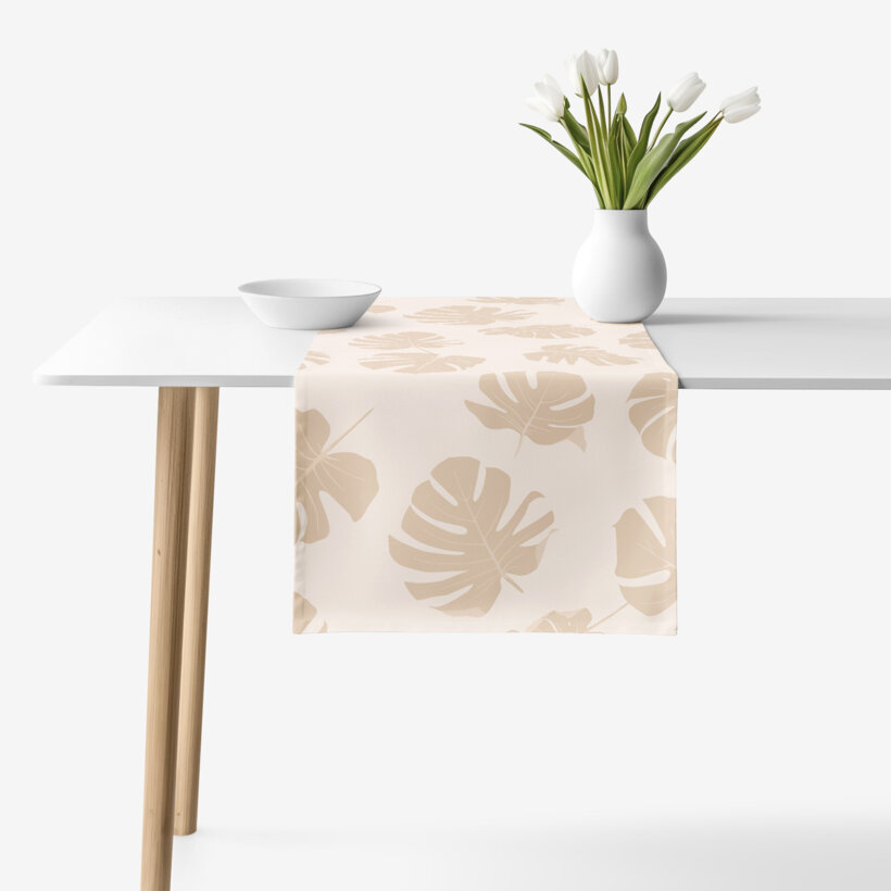 Tischläufer aus 100% Baumwolle - Tropische Blätter auf Beige