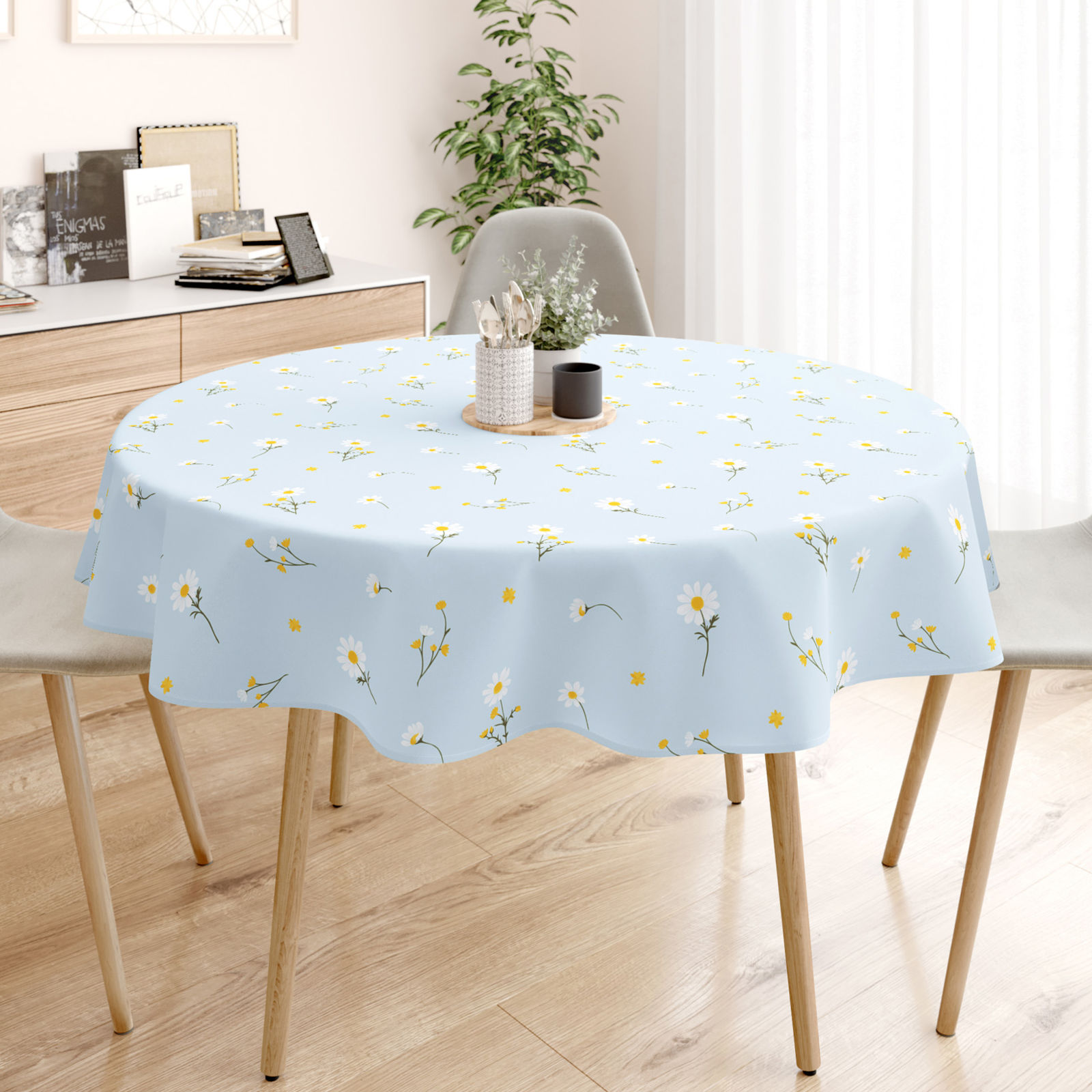 Runde Tischdecke 100% Baumwolle - Kamille auf Hellblau