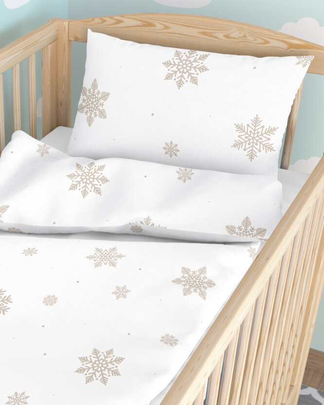 Weihnachtliche Bettwäsche für Babybetten aus Baumwolle - Schneeflocken auf Weiß