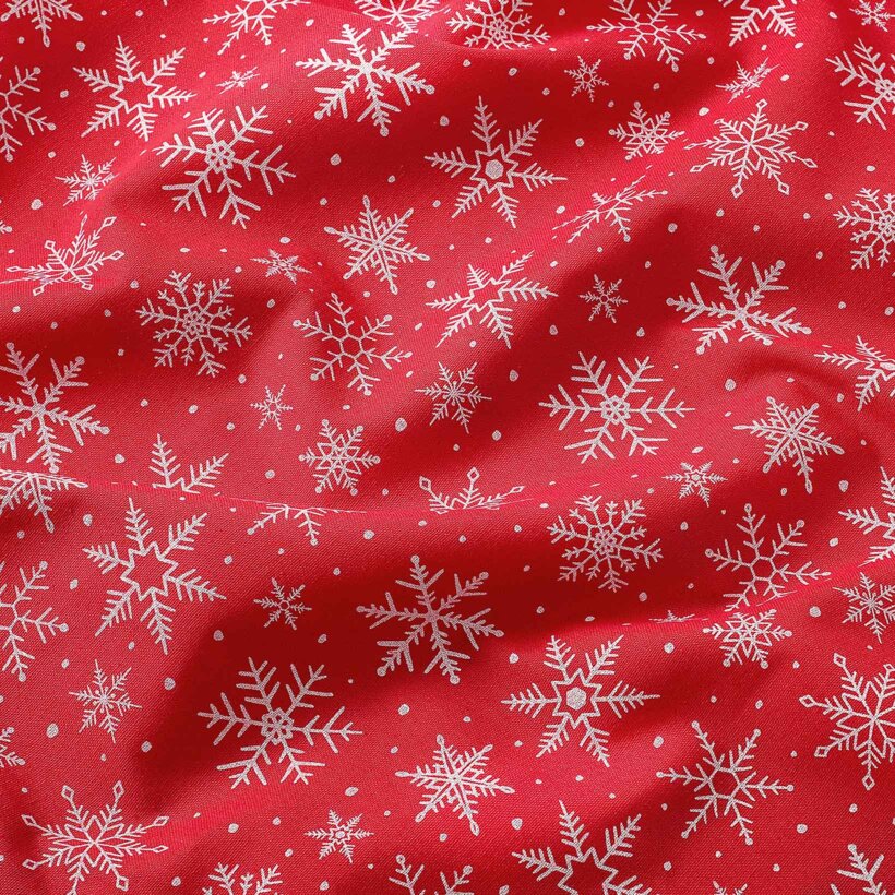 Dekorativer Stoff Valencia - Weihnachtssterne auf rotem Hintergrund