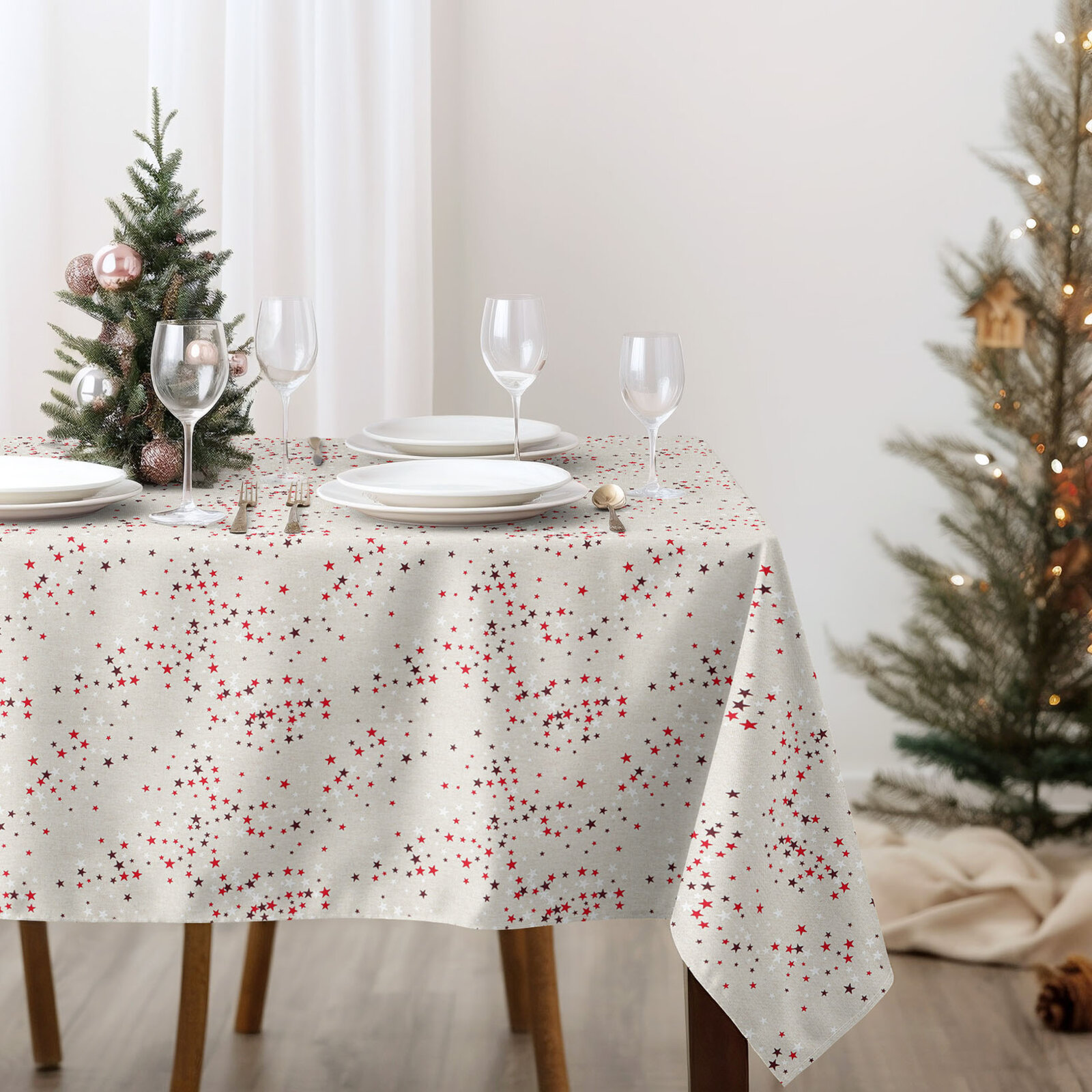 Weihnachtliche eckige Tischdecke Valencia - Sterne auf Naturfarbe
