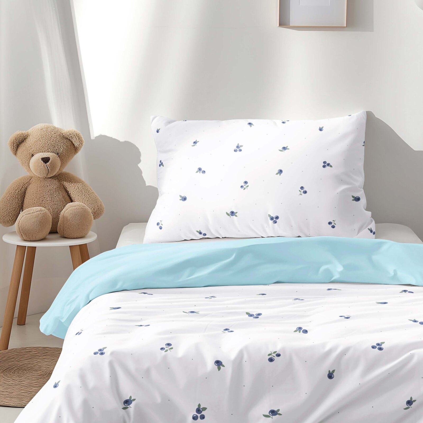 Kinder-Bettwäsche aus Baumwolle Duo - Heidelbeeren mit himmelblau