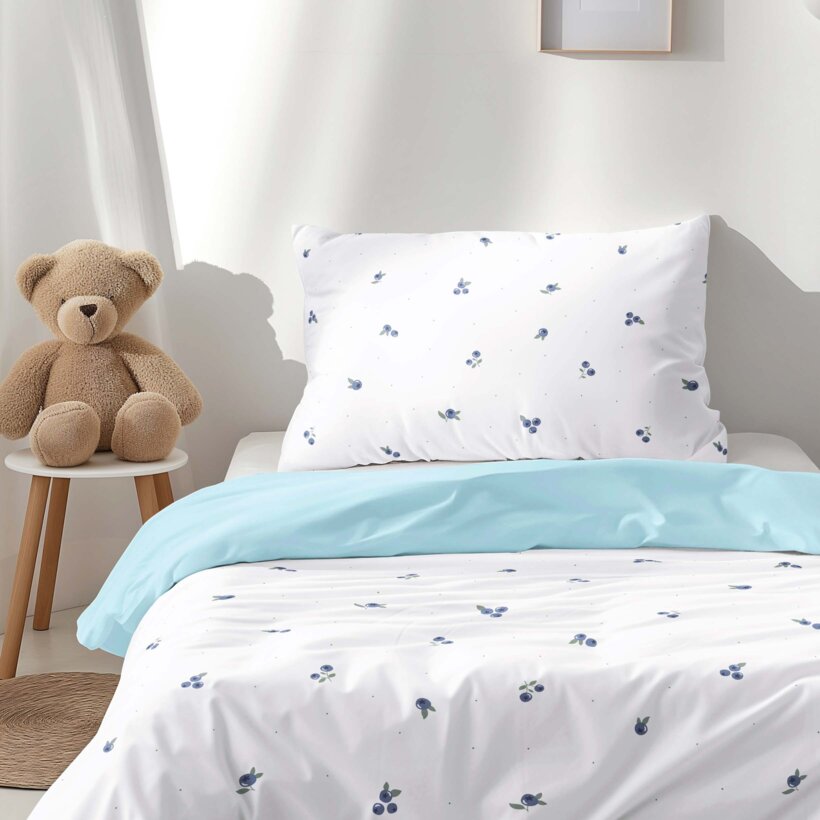 Kinder-Bettwäsche aus Baumwolle Duo - Heidelbeeren mit himmelblau