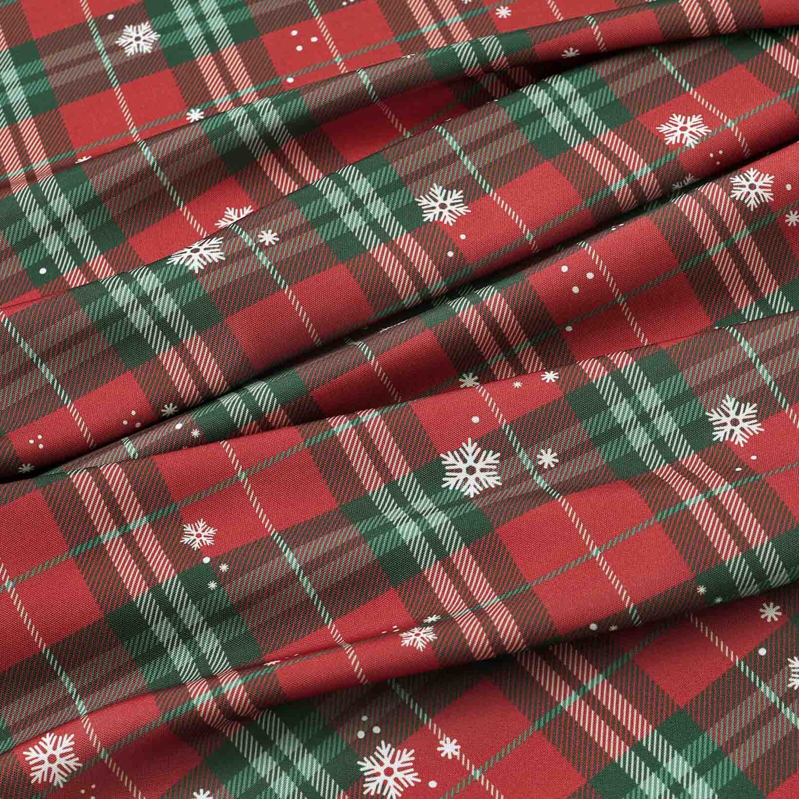 Runde Weihnachts-Tischdecke Teflon - Rotkariert mit Schneeflocken