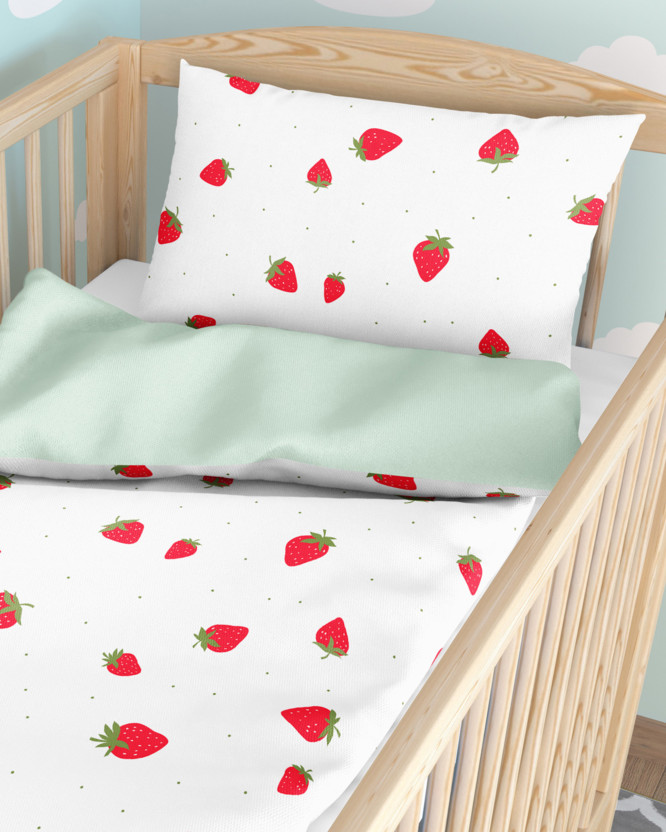 Bettwäsche für Babybetten aus Baumwolle Duo - frische Erdbeeren mit Hellgrün